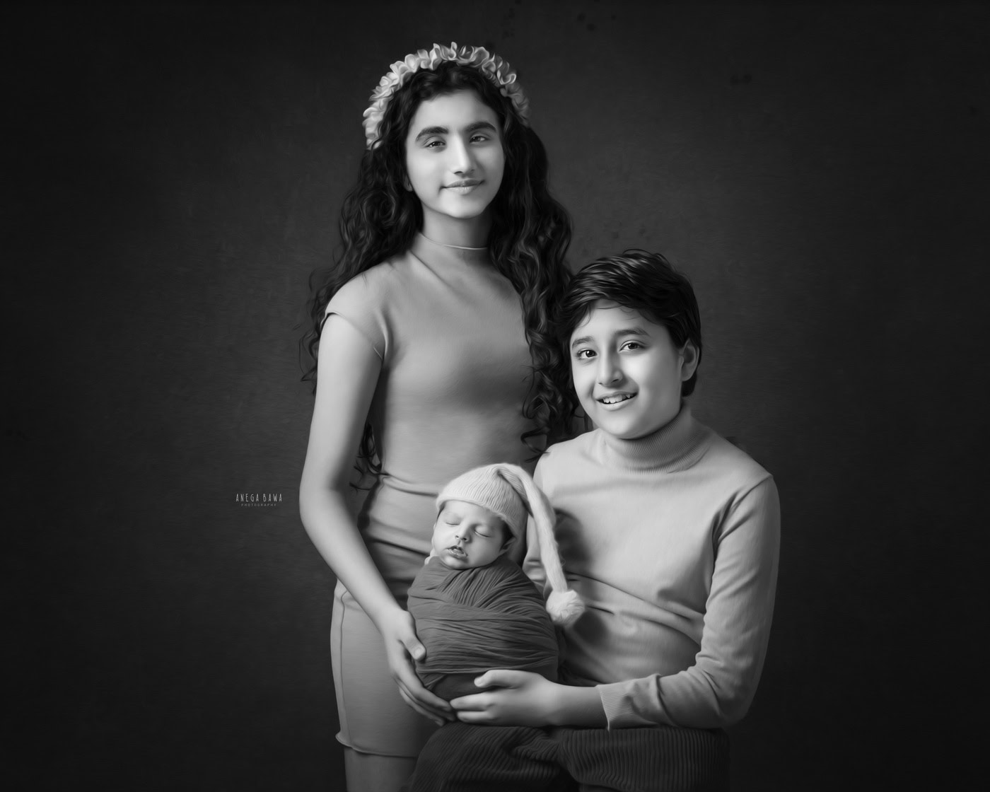 Elegant family portrait with newborn, mother, and son in black and white, capturing special moments with professional photography.