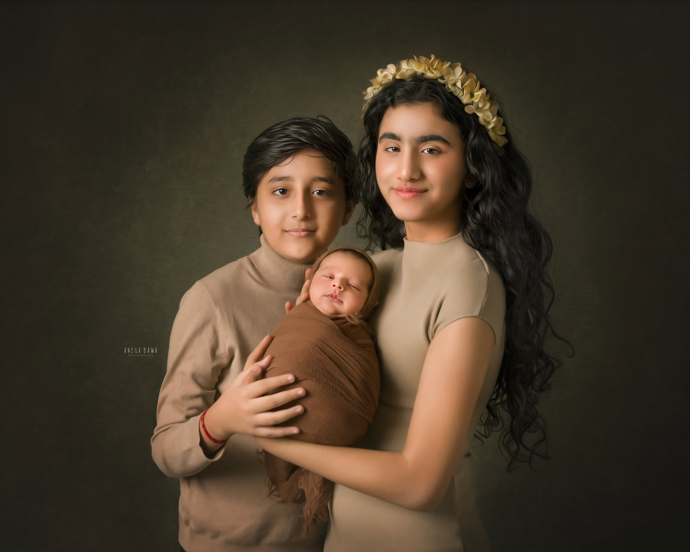 Beautiful family portrait of siblings and newborn baby, indoor studio photography, heartfelt moment captured, professional family photography, warm and natural lighting.