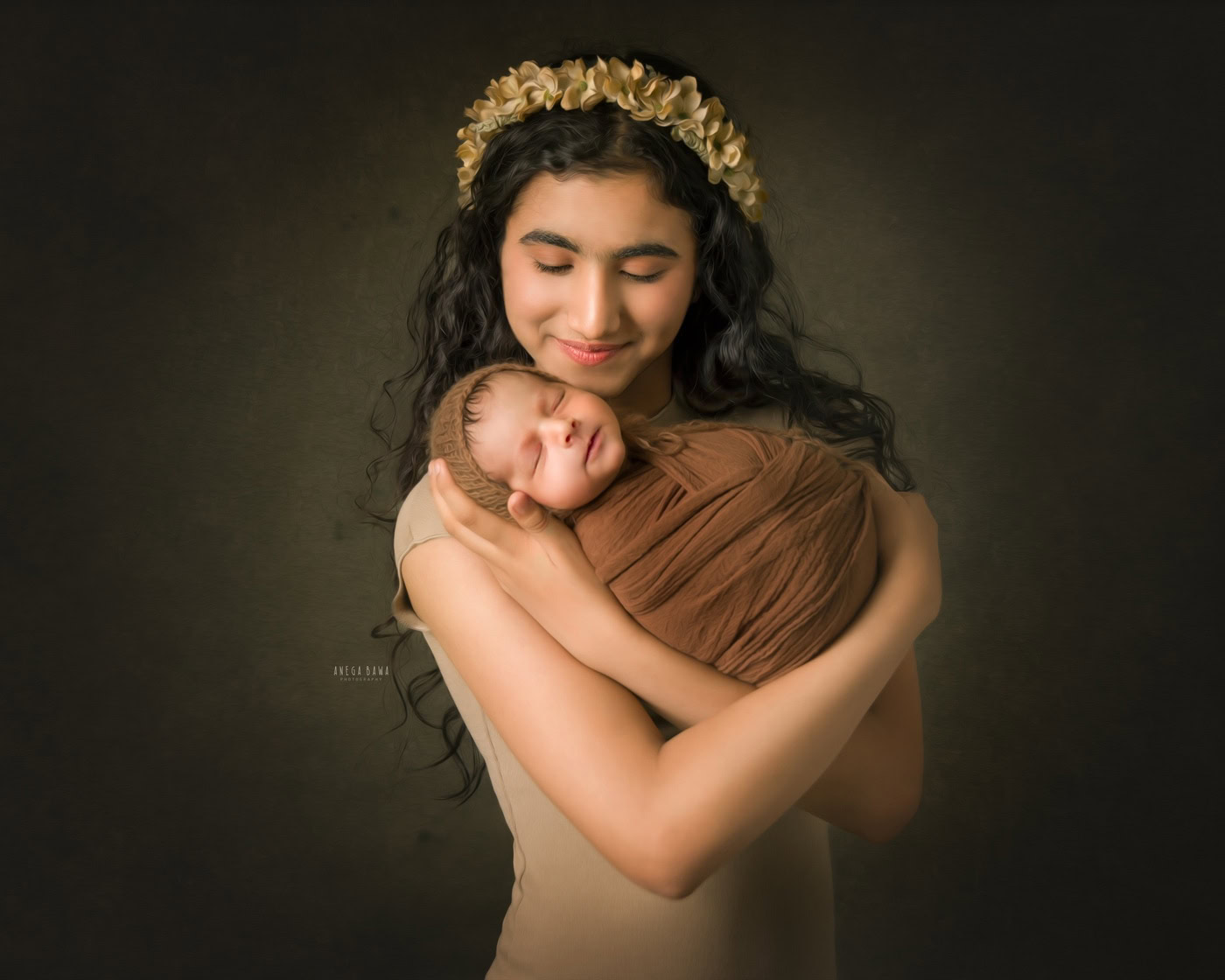 Soft-focused portrait of a mother holding her newborn baby, both with gentle smiles, natural light, warm neutral background, showcasing love and bonding in newborn photography.