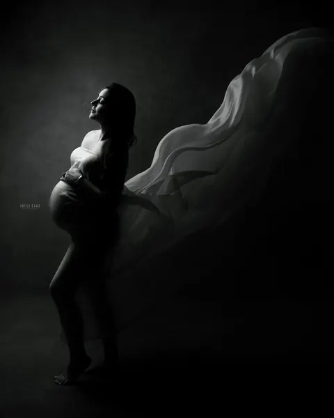 Low-key moody silhouette of expecting mother in profile lit from behind with sheer fabric streaming to the side, looking up, hand on her