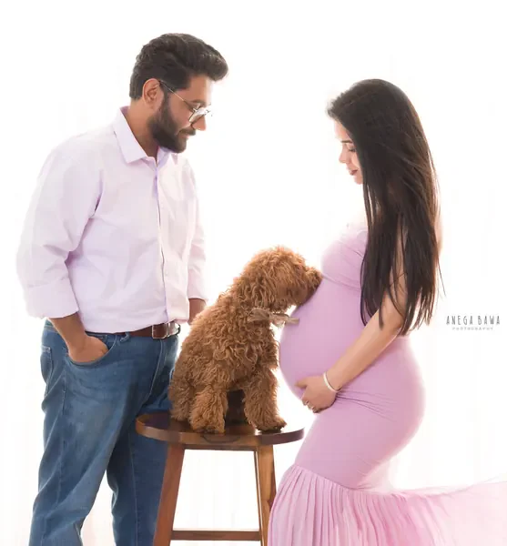 Couple with a small brown dog on a wooden stool, wife in a lilac mermaid gown, husband in a pale shirt and jeans with glasses, both looking